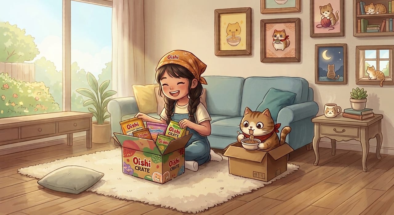 A girl in an Oishi bandana unboxing an Oishi Crate on a living room rug while Kuri the Crate Cat eats ramen from a cardboard box beside the couch