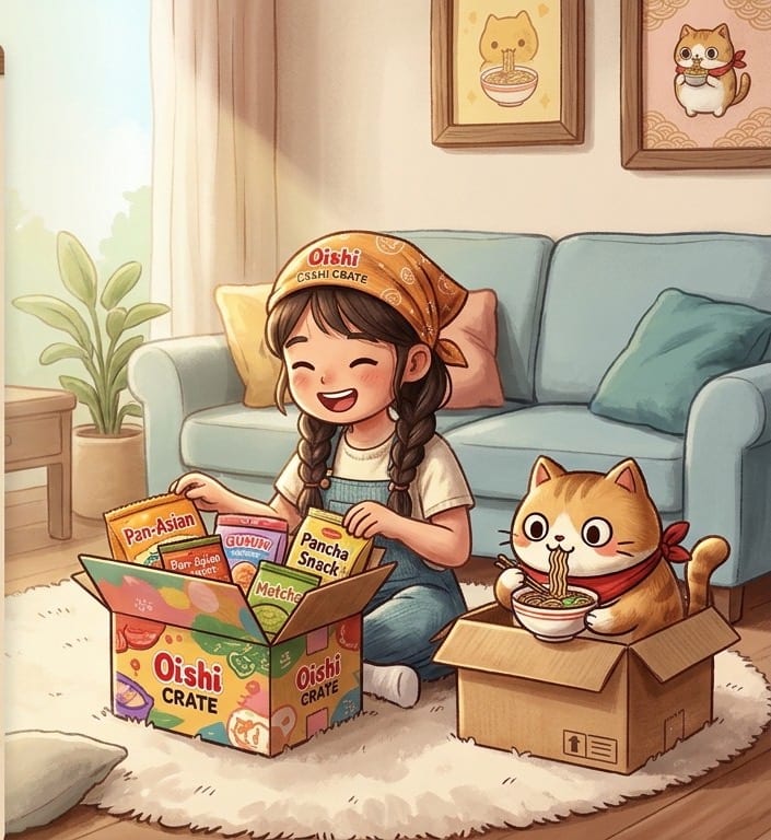 A girl in an Oishi Crate bandana unboxing a crate of snacks on a living room rug while Kuri the Crate Cat eats ramen from a cardboard box