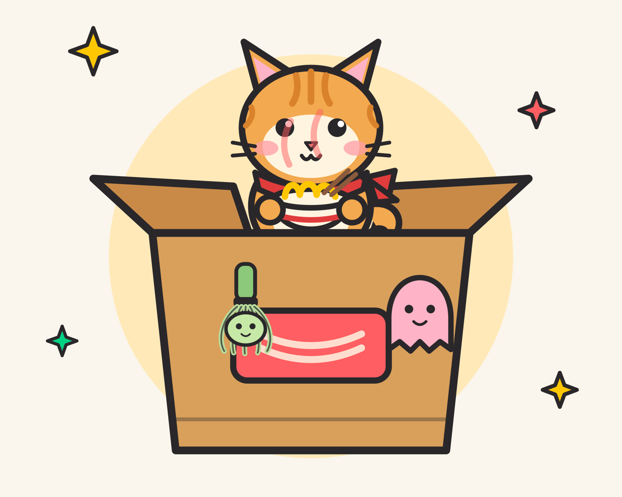 Kuri eating ramen inside an Oishi Crate